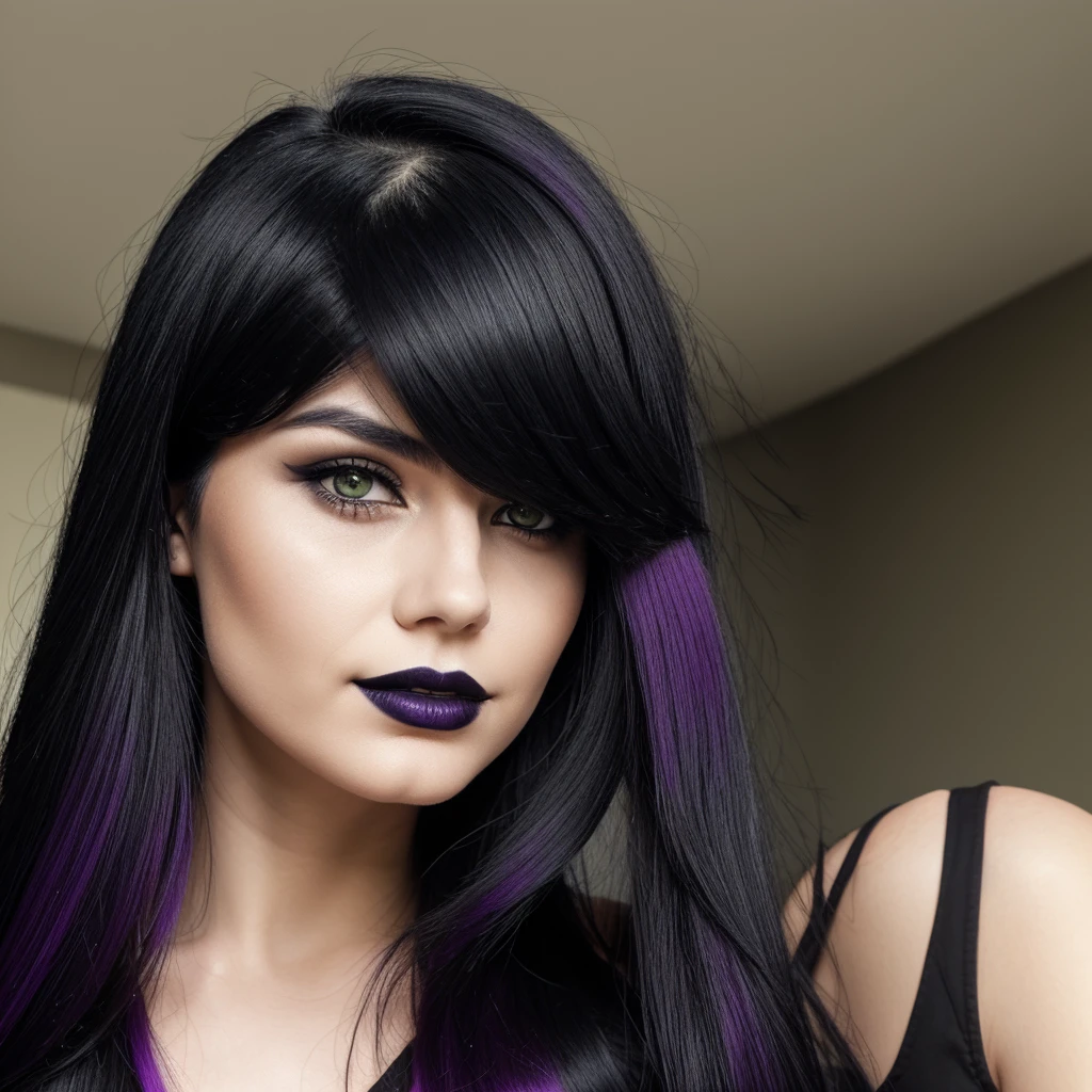 "Accurate portrayal: Create an image of a 23-year-old gothic girl with jet-black medium-length hair. Her hair has vibrant red tips and is brushed to one side, clearly revealing the other side of her head which is shaved. She has heterochromia with her right eye being dark green and her left eye being dark violet. She wears exclusively black makeup, including black eyeshadow, black eyeliner, and black lipstick. Her face is slender and exceptionally beautiful, with a mysterious expression and no smile. Ensure the red tips of her hair are clearly visible, and the shaved side is distinct and noticeable. Avoid bangs, avoid blue eyes, avoid different colored hair tips other than red, avoid colorful makeup (use only black), avoid smiling, avoid symmetrical hairstyles, avoid plain black hair without red tips, avoid non-shaved sides, avoid different eye colors other than specified (dark green and dark violet). Detailed description."