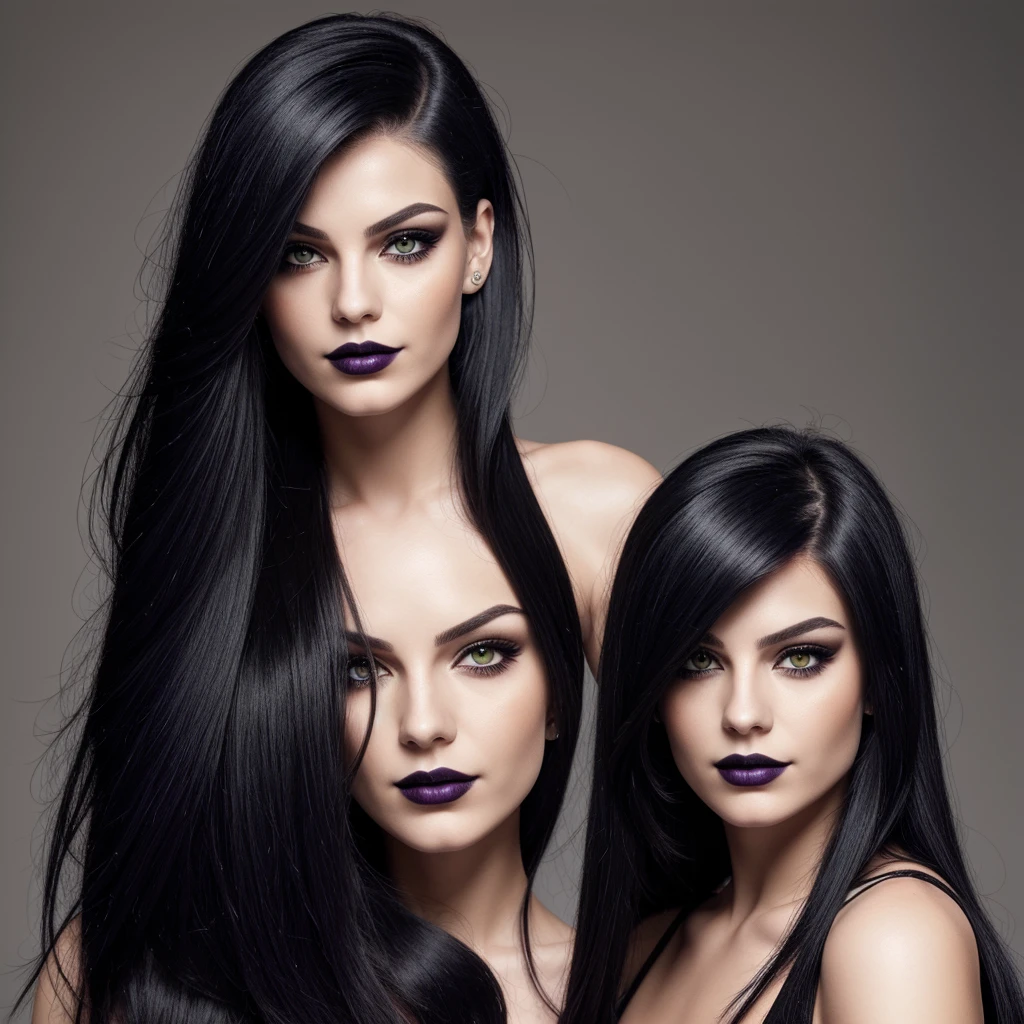 "Accurate portrayal: Create an image of a 23-year-old gothic girl with jet-black medium-length hair. Her hair has vibrant red tips and is brushed to one side, clearly revealing the other side of her head which is shaved. She has heterochromia with her right eye being dark green and her left eye being dark violet. She wears exclusively black makeup, including black eyeshadow, black eyeliner, and black lipstick. Her face is slender and exceptionally beautiful, with a mysterious expression and no smile. Ensure the red tips of her hair are clearly visible, and the shaved side is distinct and noticeable. Avoid bangs, avoid blue eyes, avoid different colored hair tips other than red, avoid colorful makeup (use only black), avoid smiling, avoid symmetrical hairstyles, avoid plain black hair without red tips, avoid non-shaved sides, avoid different eye colors other than specified (dark green and dark violet). Detailed description."