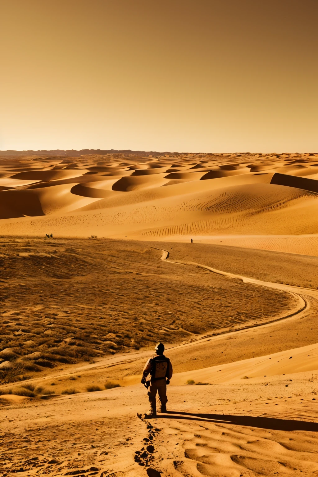 "Create a compelling YouTube thumbnail showcasing 100 men standing in a vast, arid desert. Emphasize the expanse of the desert landscape and the unity of the men against the harsh environment. Use bright, contrasting colors to highlight the figures and the sand, making the image bold and attention-grabbing."