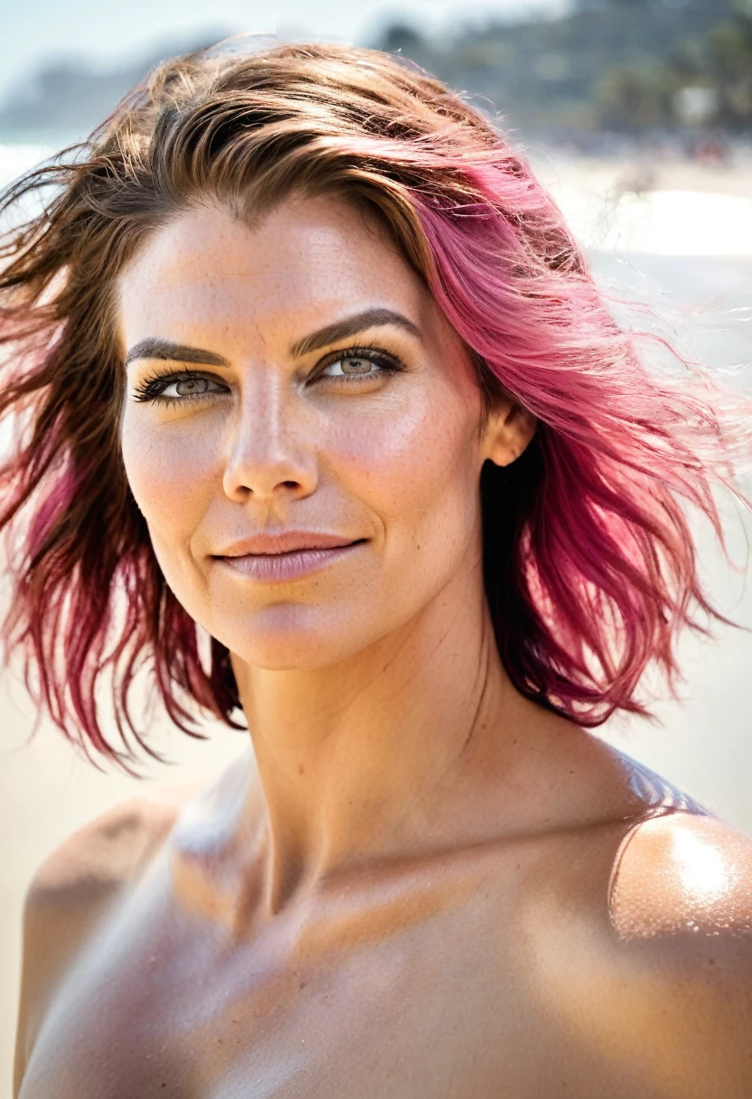  high quality  nude photo  , ( lauren_cohan , sensual detailed ultra realistic  skin texture  , pink color hair, hollywood , celebrity ,photorealistic  , full body shot ) celebrity erotic photograph , nude,  extremely long  hair ,tall figure , smiling ,seductively , piny skin tone:1.4  erotic photoshoot, exhausted look, shiny sweaty skin, on beach, wet hair, celebrity, female,  woman, hollywood actress,  fleshy muscular woman  , ( natural lights, depth of field, insanely detailed skin texture, hyper detailed features )