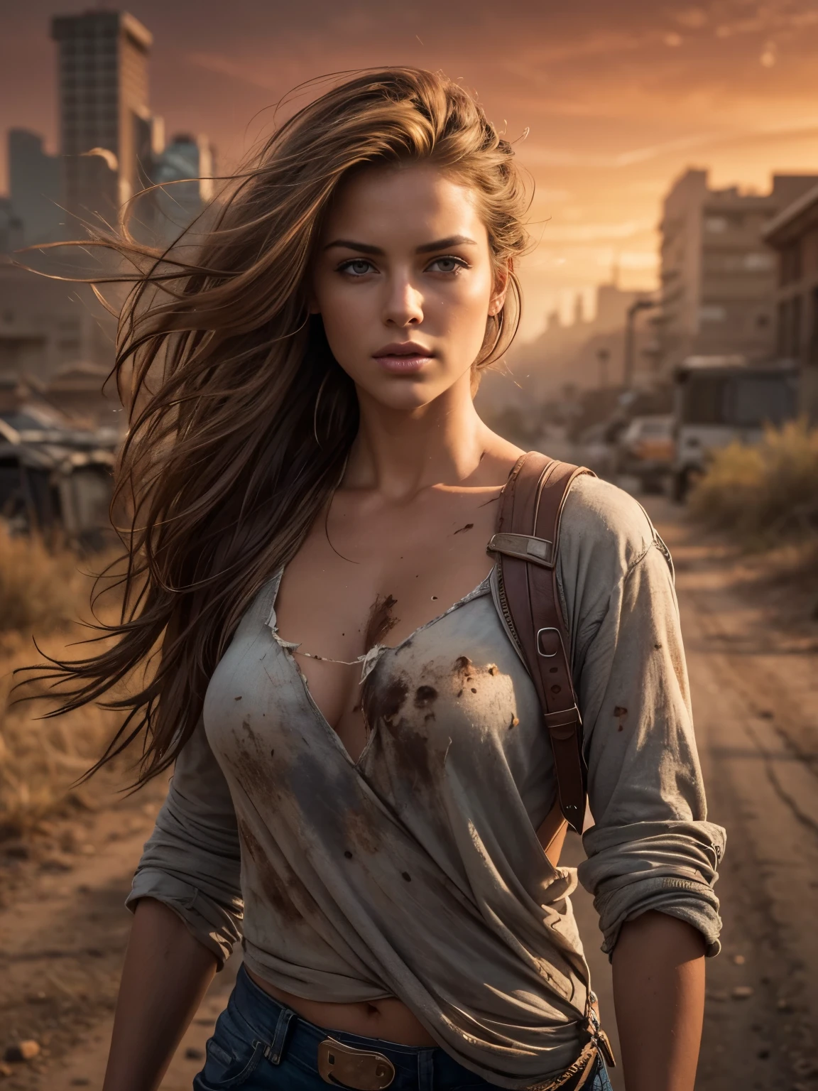 An ultra hot gorgeous European woman, age 23. She’s a playmate and men magazine supermodel. backlight, movie scene. Perfect anatomy, perfect hair, perfect breast, perfect body, perfect hands, perfect face, perfect eyes, accurate, anatomically correct, perfect clear and crisp focus, UHD, masterpiece, (photorealistic:1.4), full body, she is dirty, ((dirty ripped shirt, dirty pants,)) walking on the road, Depict an empty road, desert city in the background, in the rugged style of the game's concept art. This work should evoke a sense of abandonment and despair in a futuristic, post-apocalyptic world. Notice the intricacies of detail, the sharp focus. cinematic light, beautiful woman, auburn hair, detailed face, photo taken from a distance, leaning forward,,She’s looking for her family.
