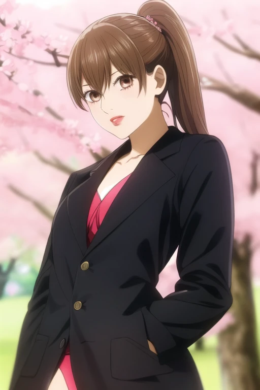 masterpiece, best quality, ultra-detailed, 1girl, solo, looking front at viewer, chihaya_ayase, brown hair, brown eyes, bikini ,ponytail , upper body, in park cherry blossom trees, jacket,glossy red lipstick