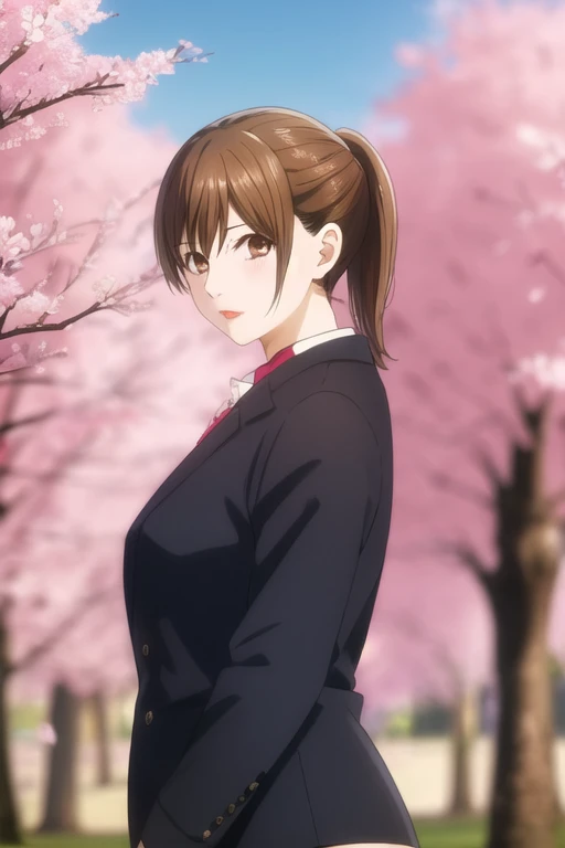 masterpiece, best quality, ultra-detailed, 1girl, solo, looking front at viewer, chihaya_ayase, brown hair, brown eyes, bikini ,ponytail , upper body, in park cherry blossom trees, jacket,glossy red lipstick