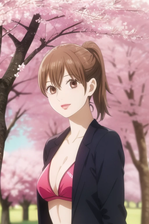 masterpiece, best quality, ultra-detailed, 1girl, solo, looking front at viewer, chihaya_ayase, brown hair, brown eyes, bikini ,ponytail , upper body, in park cherry blossom trees, jacket,glossy red lipstick