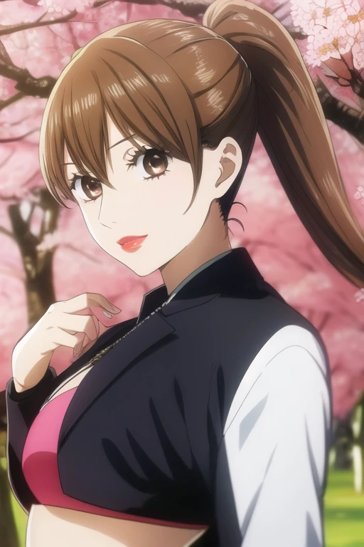 masterpiece, best quality, ultra-detailed, 1girl, solo, looking front at viewer, chihaya_ayase, brown hair, brown eyes, bikini ,ponytail , upper body, in park cherry blossom trees, jacket,glossy red lipstick