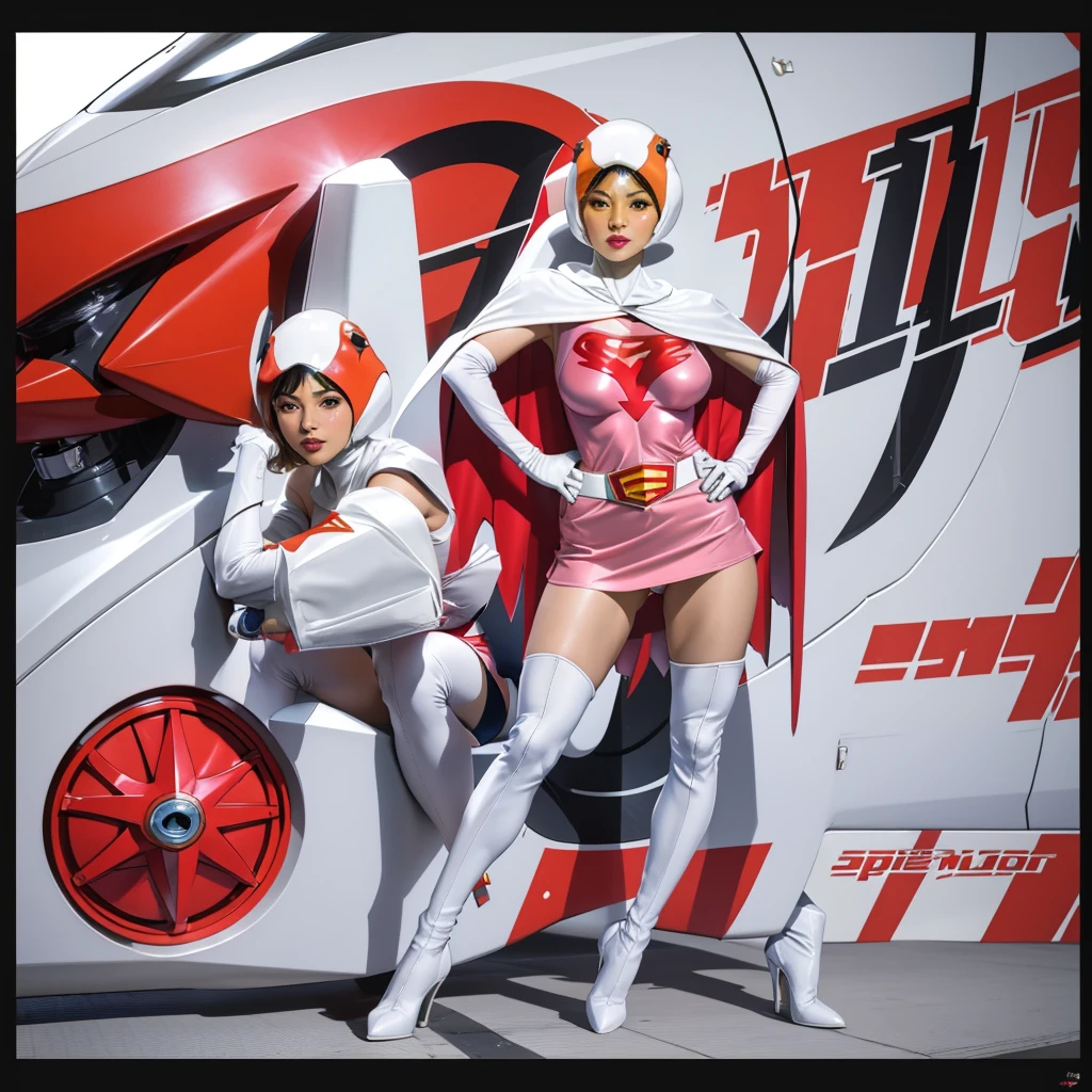 ANI_CLASSIC_jun_gatchaman_ownwaifu,1girl, 15 years old,good anatomy, masterpiece, best quality,realistic, hyper realistic, 16k hdr, long hair,breasts,lips,large breasts,lipstick,makeup,gloves,cape,helmet,belt,elbow gloves,white gloves,mask,ultra miniskirt,leotard,spacesuit,white tight overknee highheels boots,pink dress,superhero,bodysuit,cleavage,erected nipples,(stand pose,hands on hip),(spread legs:1.1),cameltoe