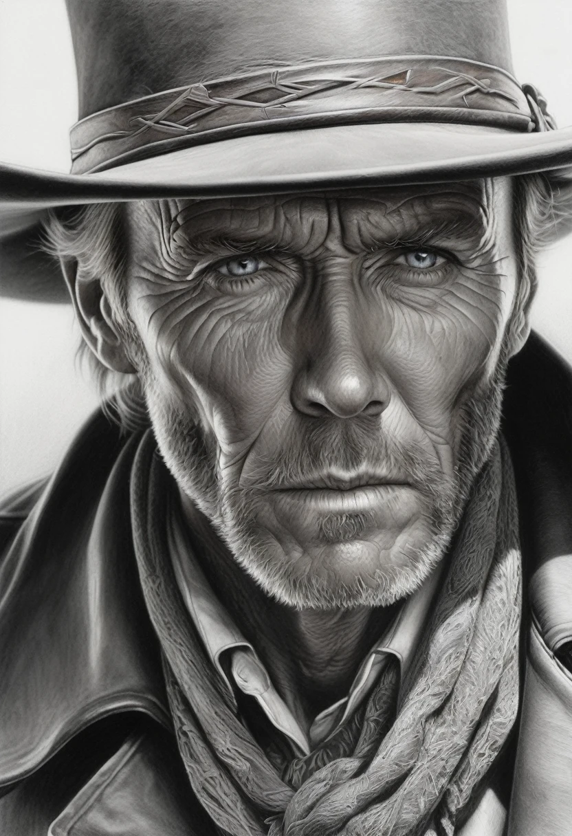 portrait, [:light Blue:15] eyes, Intricate lines, highly detailed, B&EM, monochrome, black and white, graphite, pencil painting, charcoal, (High contrast:1.1), An Old West gunslinger, with a determined look and a gun in his he. The image is inspired by the works of Clint Eastwood, such as "The Lone Gunman" and "The Good, the Bad and the Ugly". The gunslinger must have an air of mystery and danger, as if he were about to face a deadly duel. Colors must be vibrant and contrasting, like those of Alphonse Mucha. The details must be delicate and complex, like Mucha's. The strokes should be thick and almost erased, like street art prints. The lines that delimit shapes should privilege more gross and straight angles.