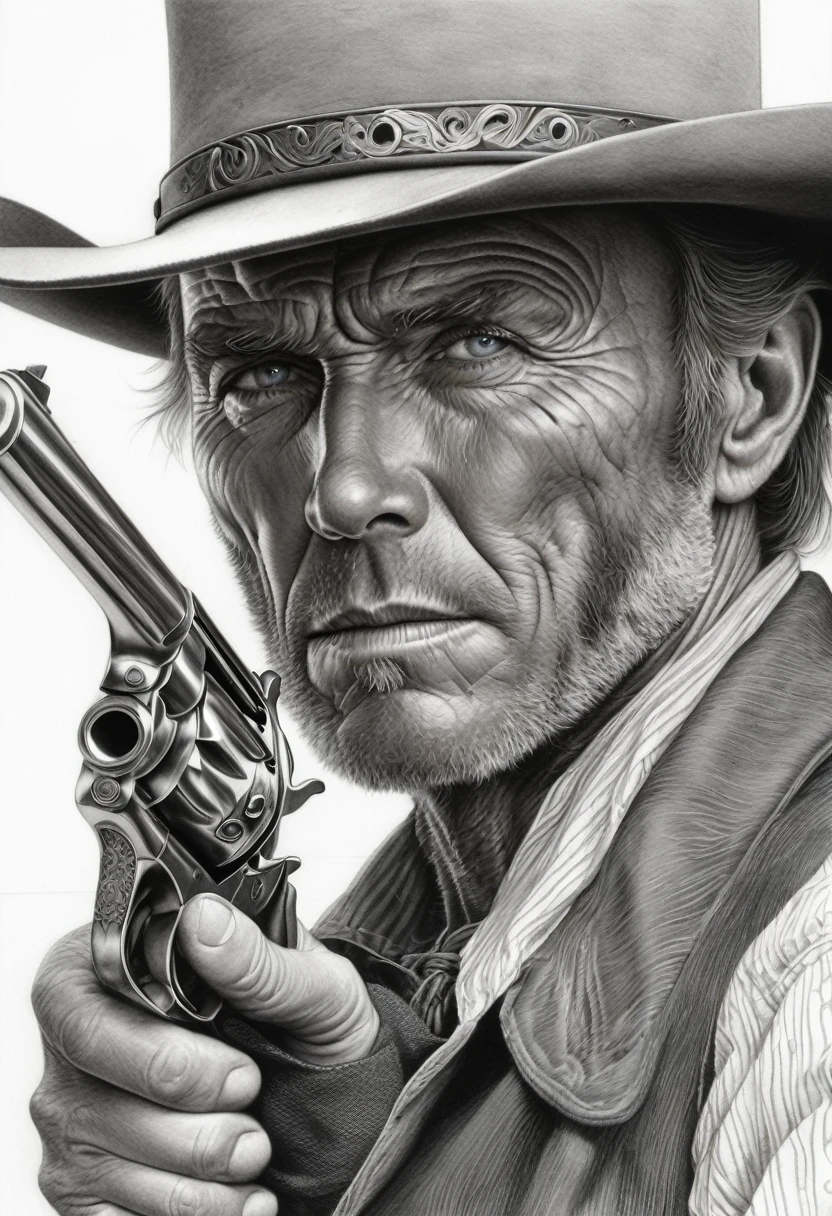portrait, [:light Blue:15] eyes, Intricate lines, highly detailed, B&EM, monochrome, black and white, graphite, pencil painting, charcoal, (High contrast:1.1), An Old West gunslinger, with a determined look and a gun in his he. The image is inspired by the works of Clint Eastwood, such as "The Lone Gunman" and "The Good, the Bad and the Ugly". The gunslinger must have an air of mystery and danger, as if he were about to face a deadly duel. Colors must be vibrant and contrasting, like those of Alphonse Mucha. The details must be delicate and complex, like Mucha's. The strokes should be thick and almost erased, like street art prints. The lines that delimit shapes should privilege more gross and straight angles.