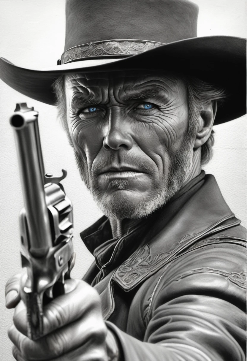 portrait, [:light Blue:15] eyes, Intricate lines, highly detailed, B&EM, monochrome, black and white, graphite, pencil painting, charcoal, (High contrast:1.1), An Old West gunslinger, with a determined look and a gun in his he. The image is inspired by the works of Clint Eastwood, such as "The Lone Gunman" and "The Good, the Bad and the Ugly". The gunslinger must have an air of mystery and danger, as if he were about to face a deadly duel. Colors must be vibrant and contrasting, like those of Alphonse Mucha. The details must be delicate and complex, like Mucha's. The strokes should be thick and almost erased, like street art prints. The lines that delimit shapes should privilege more gross and straight angles.