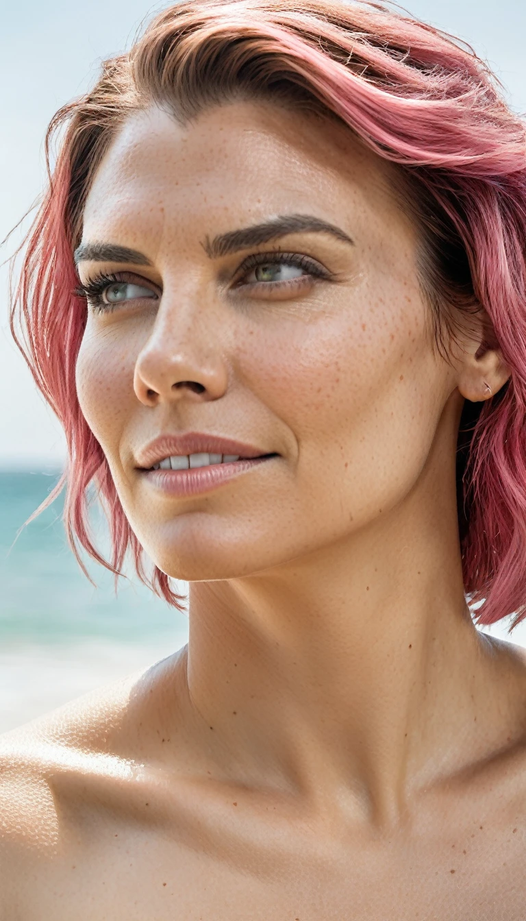 high quality nude photo , ( lauren_cohan , sensual detailed ultra realistic skin texture , pink color hair, hollywood , celebrity ,photorealistic , full body shot ) celebrity erotic photograph , nude, extremely long hair ,tall figure , smiling ,seductively , piny skin tone:1.4 erotic photoshoot, exhausted look, shiny sweaty skin, on beach, wet hair, celebrity, female, woman, hollywood actress, fleshy muscular woman , ( natural lights, depth of field, insanely detailed skin texture, hyper detailed features )