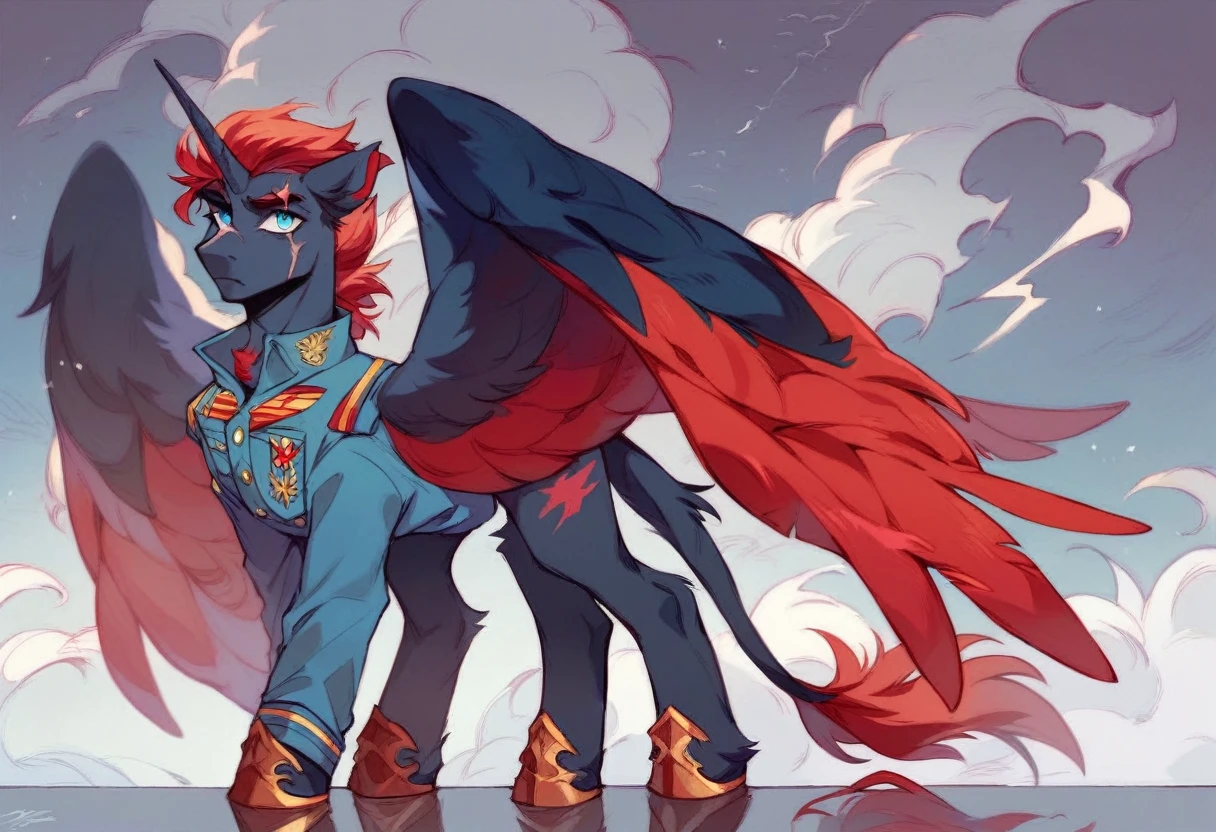 Male alicorn, black fur, long red hair, deep blue eyes, red feathers on wings, scar over left eye, red striping, thunderstorm cutie mark, navy admirals uniform, standing proudly, 