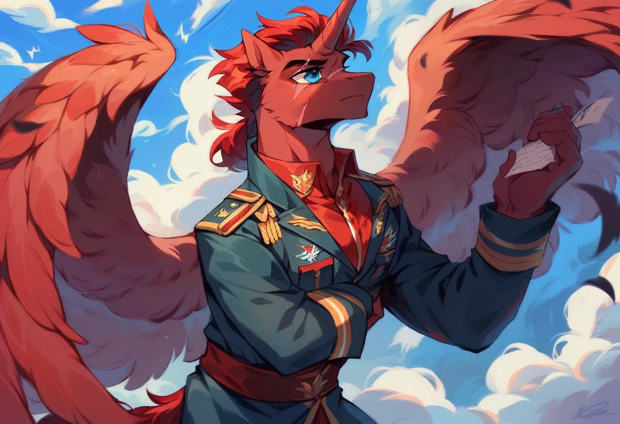 Male alicorn, black fur, long red hair, deep blue eyes, red feathers on wings, scar over left eye, red striping, thunderstorm cutie mark, navy admirals uniform, standing proudly,