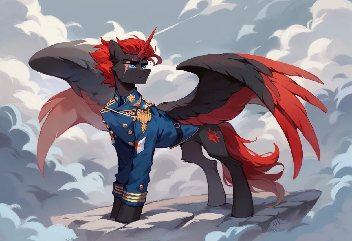 Male alicorn, black fur, long red hair, deep blue eyes, red feathers on wings, scar over left eye, red striping, thunderstorm cutie mark, navy admirals uniform, standing proudly,
