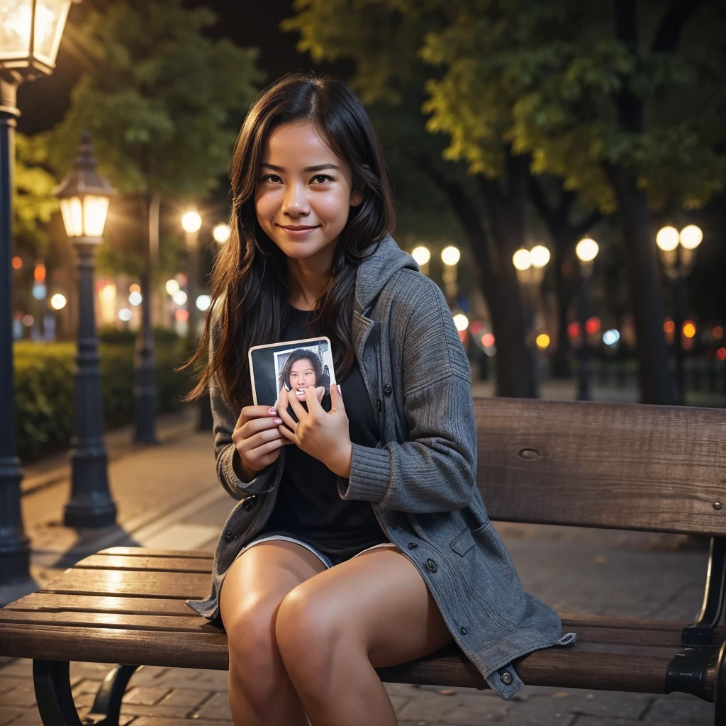 generate an image

A girl, sitting alone on a park bench, under a dimly lit streetlamp. She's clutching a photo of her ex, tears streaming down her face. The background shows the ex walking away, hand-in-hand with someone else, smiling and carefree. The contrast between their emotions is stark—her heartbreak against his happiness.