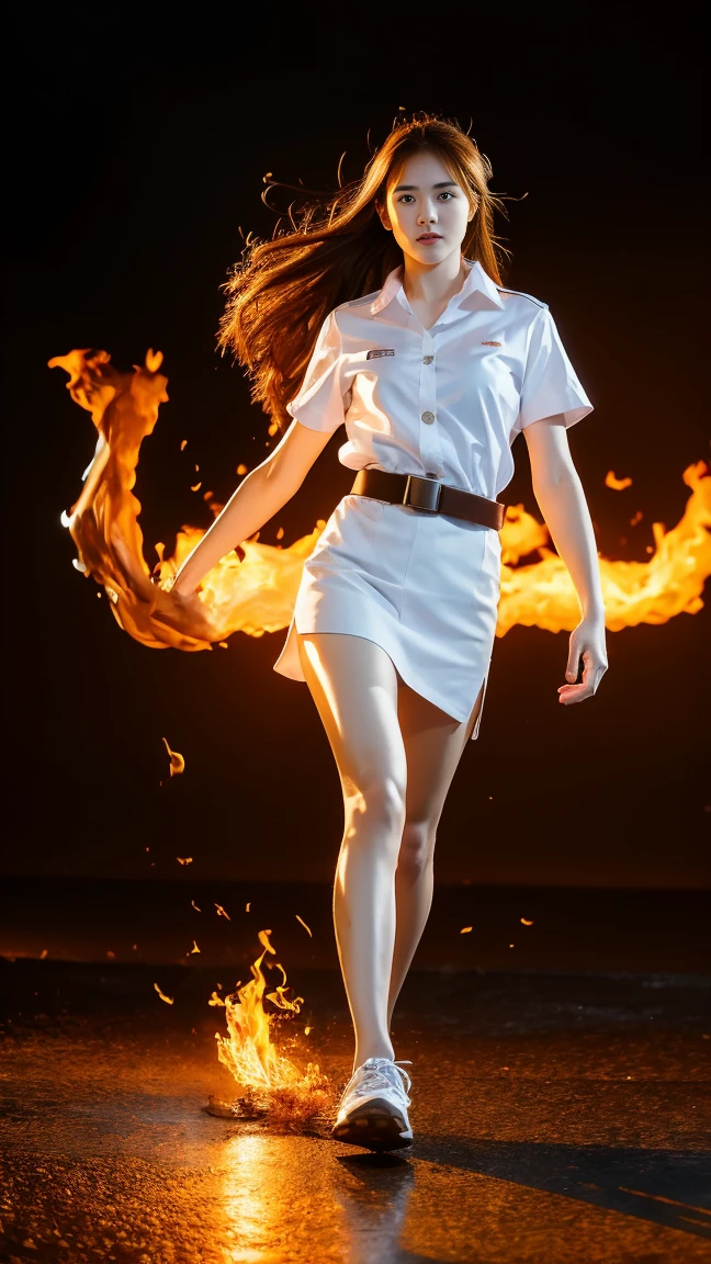 18 year old woman in Thai university uniform, white shirt, black skirt, brown belt, white sneakers, dark background, fire goddess, fire on the background and foreground, fire around her body, her feet, her orange hair, walk thru fire, high detail, realistic, cinematic scene, dynamic pose
