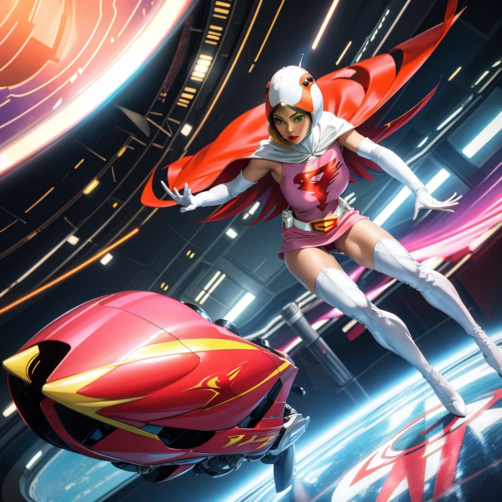 ANI_CLASSIC_jun_gatchaman_ownwaifu,1girl, ,good anatomy, masterpiece, best quality,realistic, hyperrealistic, 16k hdr, long hair,breasts,green eyes,lips,large breasts,lipstick,makeup,gloves,cape,helmet,belt,elbow gloves,white gloves,mask,ultra miniskirt,leotard,spacesuit,white tight overknee highheels boots,pink dress,superhero,bodysuit,cleavage,erected nipples,(sexy pose,front view),(spread legs:1.1),cameltoe