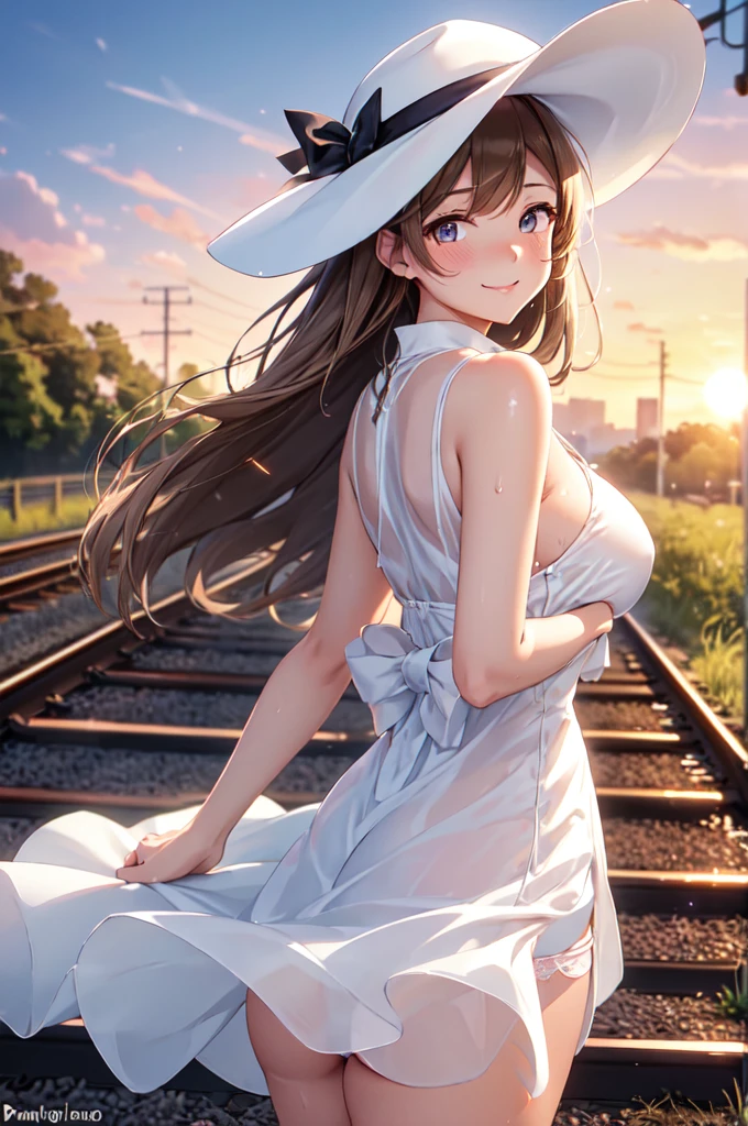 satin, silk, ((panty)), (High quality, High resolution, Fine details), setting sun, Backlight, A straight stretch of railroad track, White Dress, White Hat, solo, curvy women, light brown hair, sparkling eyes, (Detailed eyes:1.2), smile, blush, Sweat, Oily skin, shallow depth of field, Fantastic