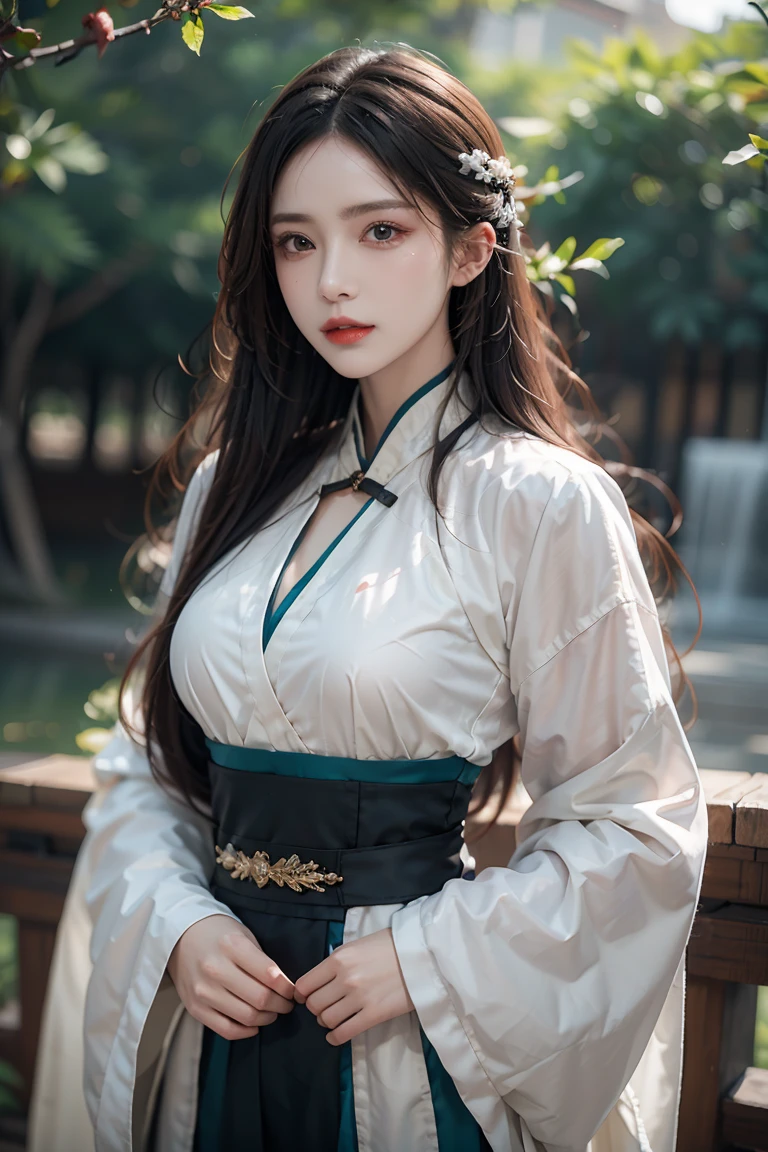female,masterpiece, realistic, best quality, ultra detailed, cowboy_shot, long white hair, red lips, jewelery,hanfu, kungfu wear, colorful clothing