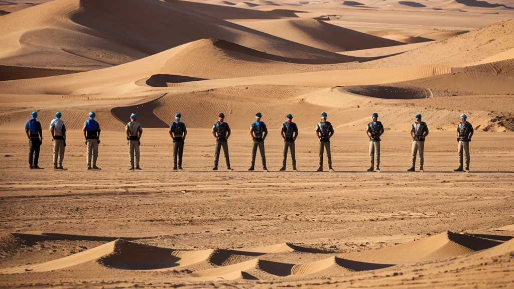 "Create a compelling YouTube thumbnail showcasing 100 men standing in a vast, arid desert. Emphasize the expanse of the desert landscape and the unity of the men against the harsh environment. Use bright, contrasting colors to highlight the figures and the sand, making the image bold and attention-grabbing."