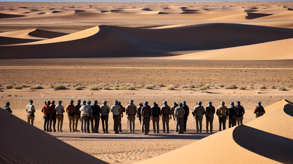 "Create a compelling YouTube thumbnail showcasing 100 men standing in a vast, arid desert. Emphasize the expanse of the desert landscape and the unity of the men against the harsh environment. Use bright, contrasting colors to highlight the figures and the sand, making the image bold and attention-grabbing."