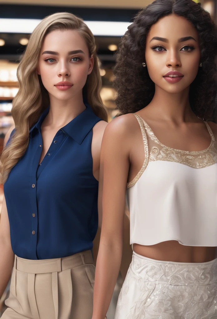 2 biracial girl and a white girl in a shopping center, detailed facial features, beautiful detailed eyes, beautiful detailed lips, extremely detailed facial expressions, long eyelashes, elegant fashion, dynamic poses, natural lighting, photorealistic, 8k, high quality, cinematic, realistic, masterpiece