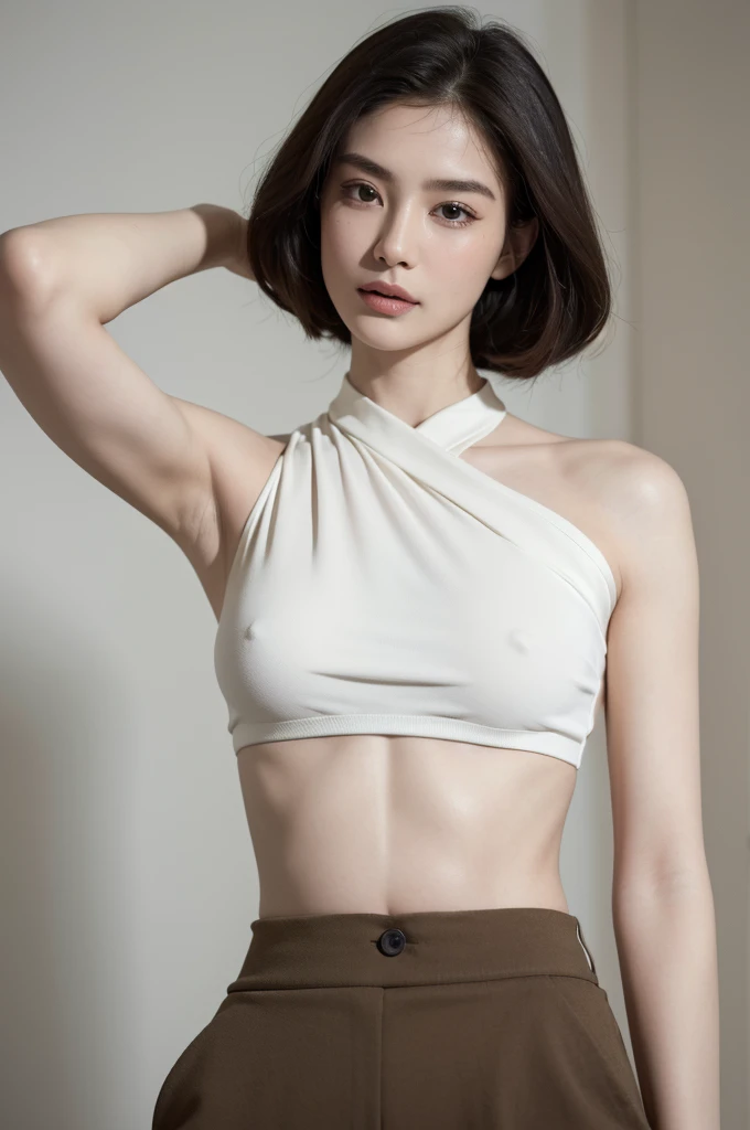Ultra-realistic capture, Highly detailed, High resolution 16k close-up of human skin. Skin texture must be natural, With such detail that pores can be finely identified, Skin should look healthy, In a uniform tone. Use natural light and color, photo realistic, Full Body Shot, full body, black bandeau top, culottes