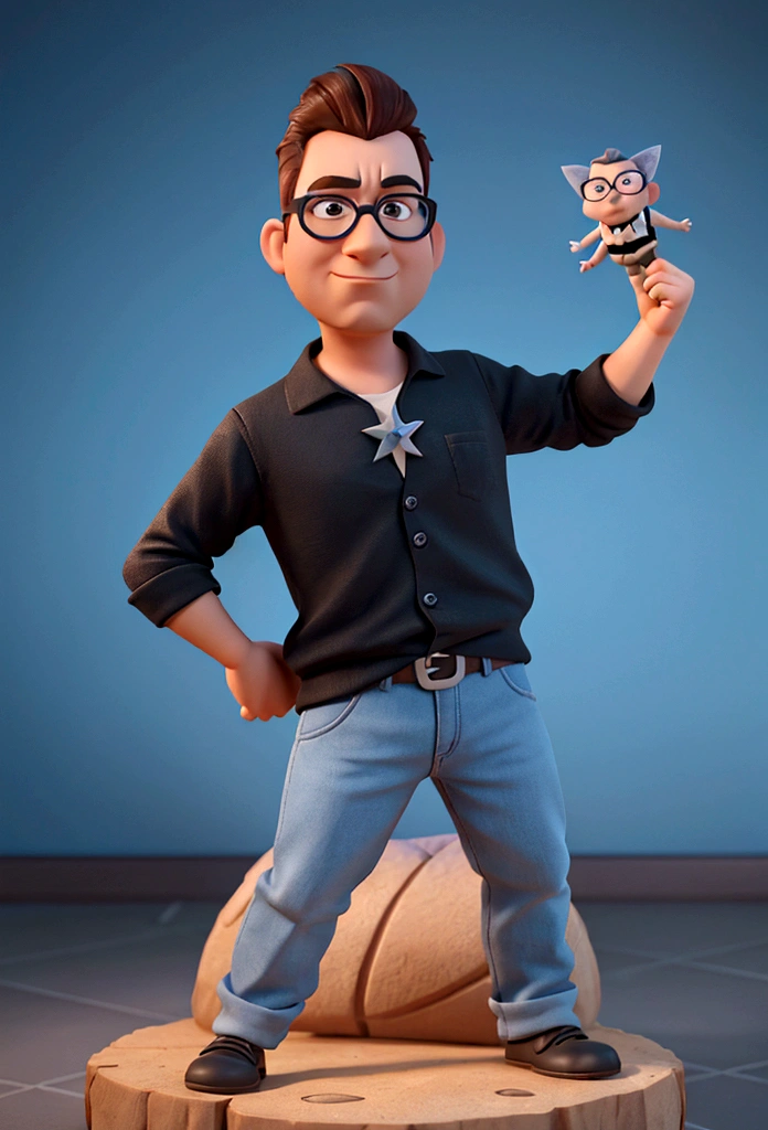 Cartoon character of a man in black glasses and blue shirt, an animated character, stylized character, animation style rendering, 3d stylized, Arnold Maya rendering, Stylized 3D rendering, toon render screenshot, 3d character, 3d character, Stylized 3D rendering, 3D character rendering, cartoon character, Personagem de close up, character posing,  (Pixar-style) (master part:1.2) (bokeh) (best qualityer) (skin detailed) (detailed texture) (8K) (Argilla) (cinematic lighting) (sharp focus