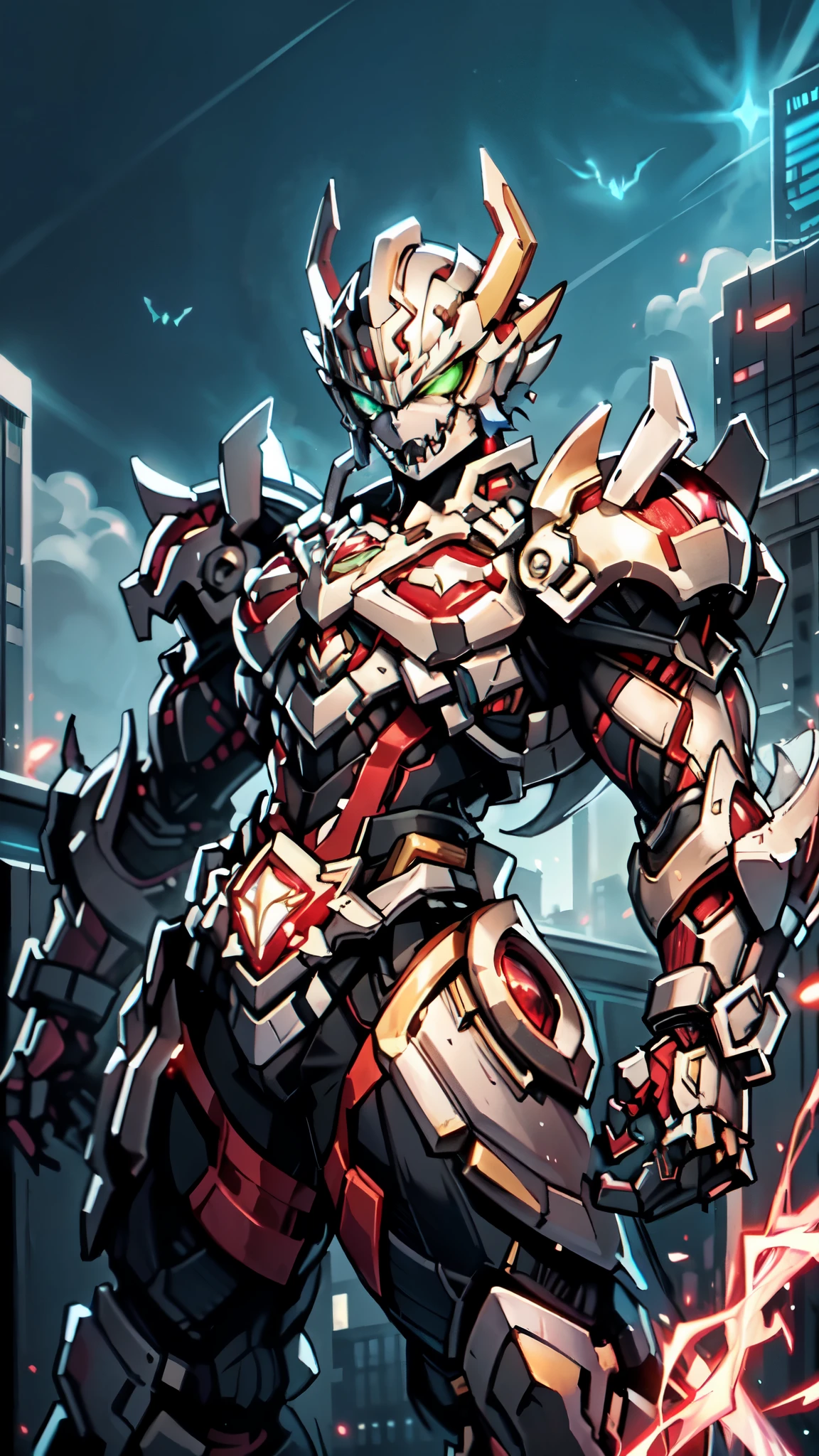 (masterpiece:1.5, best quality:1.5, extremely delicate:1.5, perspective:1.5, foreshortening:1.5, dynamic angle:1.5), a man wearing a full-face helmet, a fantasy-style biotech armored combat suit, green eyes, (a composite layered chest armor), fully enclosed shoulder guards, matching arm and leg guards, the belt is adorned with fangs biting into orbs, (the color scheme is primarily black with red accents), the design balances heavy with agility, a high-tech bio-mecha armor, (Armor Concept Inspired by Bat, stand on the top of a skyscraper in a futuristic sci-fi city), this character embodies a finely crafted fantasy-surreal style armored hero in anime style, exquisite and mature manga art style, (element, plasma, energy, the armor glows), ((male:1.5)), metallic, high definition, highres, ultra-detailed, ultra-fine painting, professional, perfect body proportions, golden ratio, anatomically correct, symmetrical face, extremely detailed eyes and face, high quality eyes, creativity, RAW photo, UHD, 32k, Natural light, cinematic lighting, masterpiece-anatomy-perfect