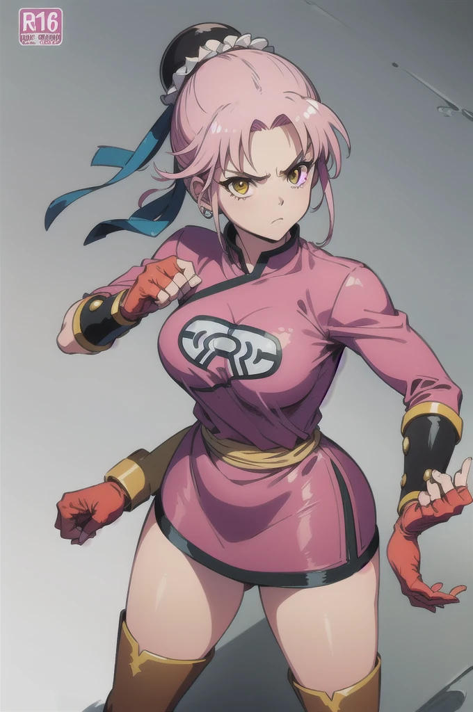 (masutepiece, Best Quality:1.1),Maam, Dragon quest, 1girl in, Solo, Looking at Viewer, no background, white background, long hair, Pink hair, parted bang, (Bun cover,:1.1) Yellow eyes, Big Breasts:1.6, Fingerless gloves, Pink gloves, chinese sclothes, red dress, bow ribbon, black stockings, long boots, elegant standing, Female curves, standing, punching, fighting stance, furious, from above, cowboy shot