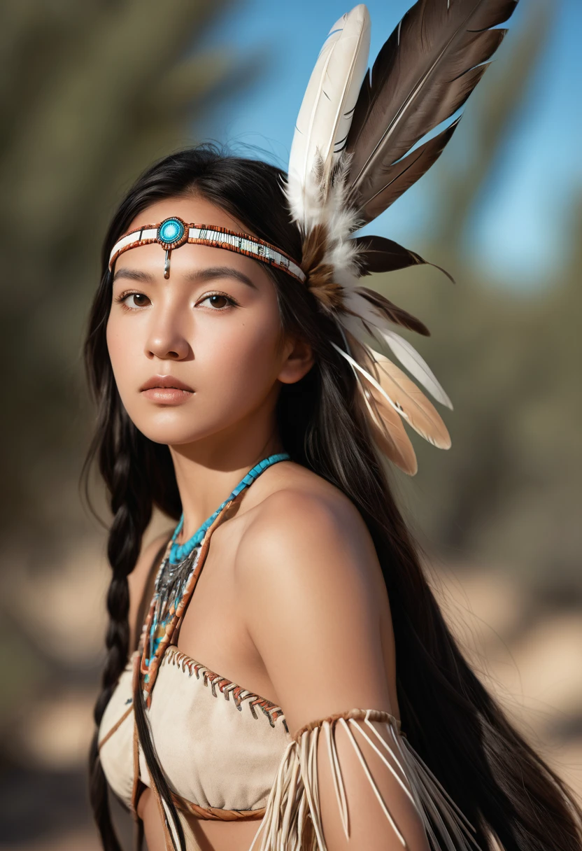 ((full body photograph)) of Marie Avgeroupolus as a 14 years old Pocahontas, young beautiful native american woman, perfect symmetrical face, indigenes feather jewelry, (((((nude))))), armed female hunter warrior, (((wild west))) environment, Utah landscape, ultra realistic, concept art, elegant, ((intricate)), ((highly detailed)), depth of field, ((professionally color graded)), soft ambient lighting, dusk, 8k, art by artgerm and greg rutkowski and alphonse mucha, vagina exposed
