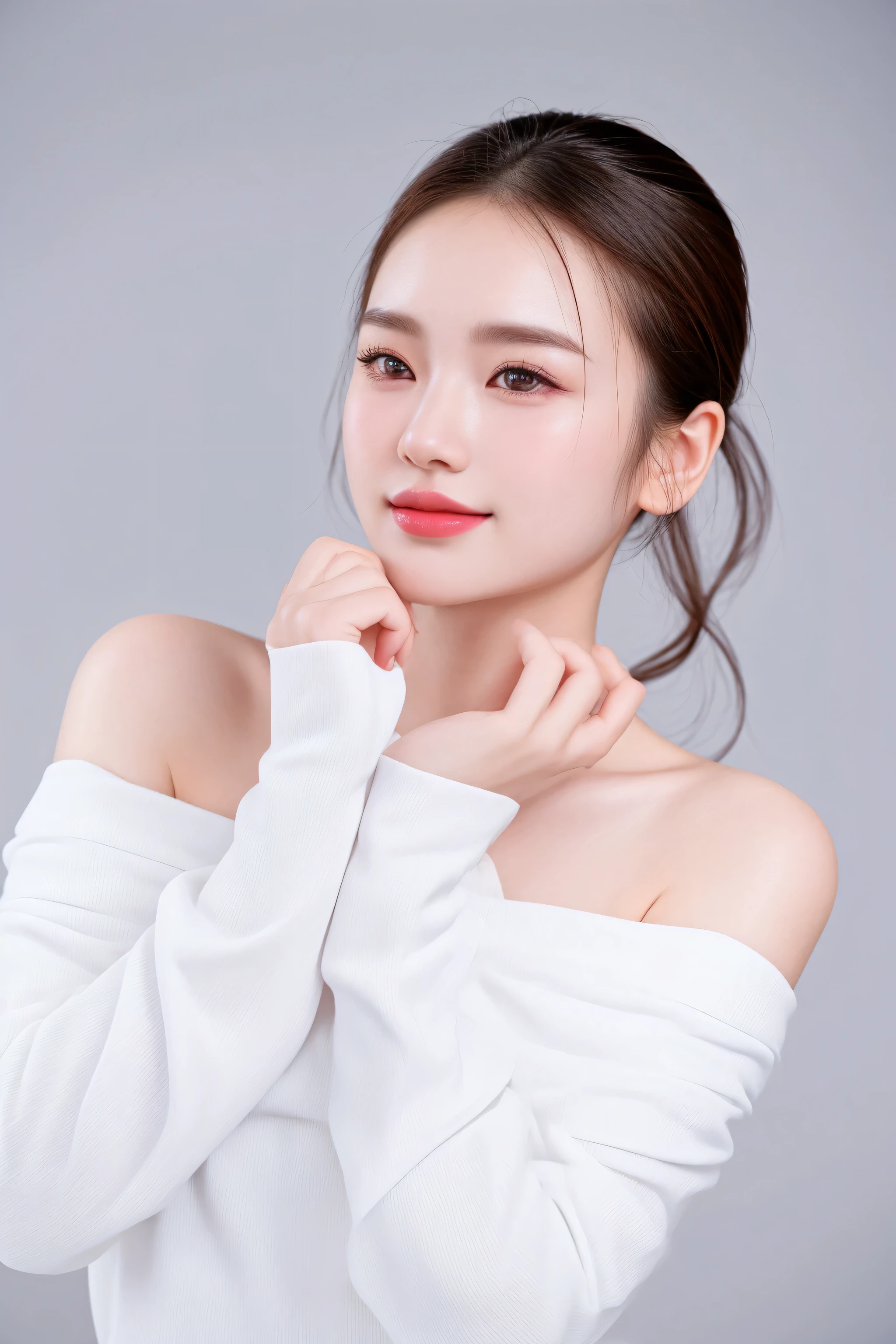 there is a woman posing for a picture with her hands on her chin, young beautiful woman, milky white skin, a young asian woman, woman with porcelain skin, a cute young woman, young asian woman, with professional makeup, a cute and beautiful young woman, cute young woman, close - up studio photo, beautiful young korean woman, cute elegant pose, with round face