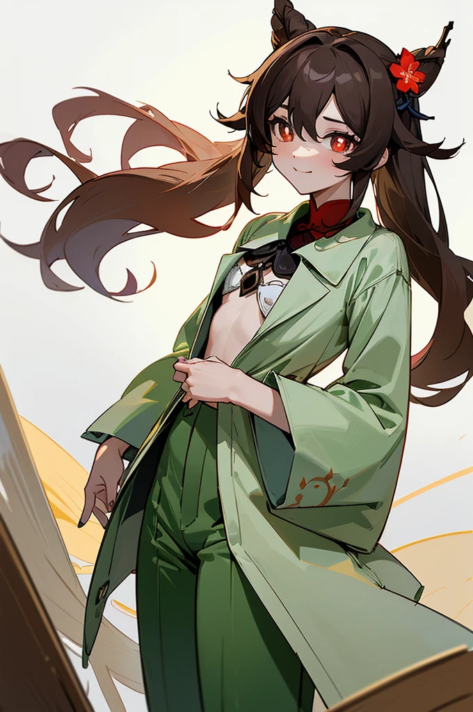 (by ikky:0.9), hutao \(genshin impact\), (cowboy shot), (anime style), (fantasy theme), (in a room, night), ((white background, all white background)), (looking at viewer, hand on hair, making a bun), (gentle smile, warm and inviting), (brown hair, small breasts, black nails), (twintails, red eyes with white flower in pupils), (wearing light green nighty shirt and light green pants with many small stars, moons, and satellites), (pretty open shirt), (cozy and intimate setting, soft lighting), (delicate features highlighted, intricate designs on pajamas), (beautiful color, detailed, aesthetic), (amazing quality: 1.4)

