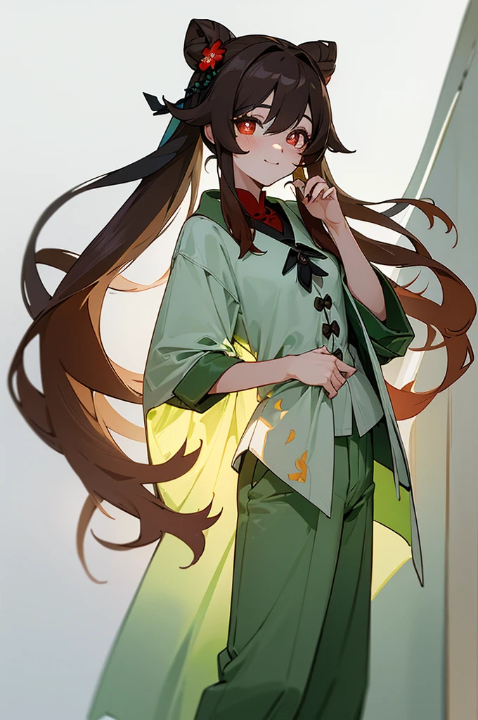 (by ikky:0.9), hutao \(genshin impact\), (cowboy shot), (anime style), (fantasy theme), (in a room, night), ((white background, all white background)), (looking at viewer, hand on hair, making a bun), (gentle smile, warm and inviting), (brown hair, small breasts, black nails), (twintails, red eyes with white flower in pupils), (wearing light green nighty shirt and light green pants with many small stars, moons, and satellites), (pretty open shirt), (cozy and intimate setting, soft lighting), (delicate features highlighted, intricate designs on pajamas), (beautiful color, detailed, aesthetic), (amazing quality: 1.4)

