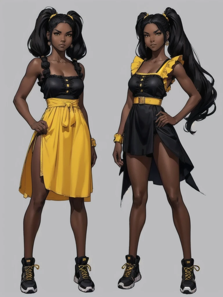 ((best quality)), ((4k)), ((highres)), ((masterpiece:1.2)). ((detailed)), ((ultra realistic)), ((intricate details)), ((full body picture)), ((character design sheet)), ((blank background)), ((standing in a blank background)), full body shot of a beautiful black female, ebony beauty, woman, 18 years old girl, dark brown skin, about 5'5 ft. tall, smirk on her face, ((smirking)), long curly black hair, ((long curly hair)), long hair, high pigtails, (((high pigtails)), dressed in a yellow sleeveless babydoll dress, ((EMPHASIS ON HER YELLOW SLEEVELESS BABYDOLL DRESS)), black leather belt on her waist, bare legs and sneakers, fighting game character design, tekken character design, the king of fighters character concept art, character concept art, full body, 18 years old female fighter, girly girl, cute girl, girly fighter character concept art