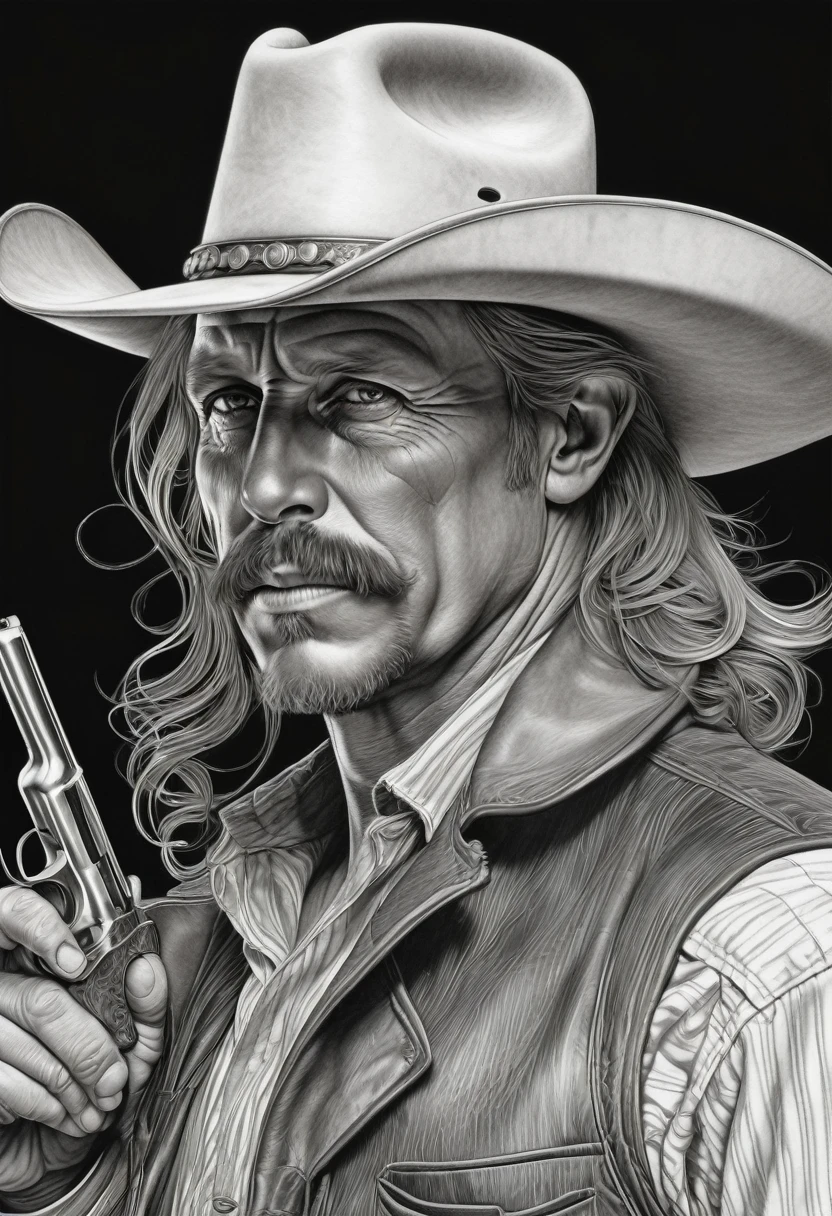 portrait of a cowboy], intricate lines, highly detailed, B&EM, monochrome, black and white, graphite, pencil painting, charcoal, (high contrast: 1.1), an Old West gunslinger with a determined appearance and a gun on his back . The image is inspired by stories from the old west, as if he were about to face a deadly duel. Colors should be vibrant and contrasting, like those of Alphonse Mucha. The details must be delicate and complex, like Mucha's. The lines should be thick and almost erased, like street art prints. The lines that delimit the shapes should favor thicker, straighter angles.