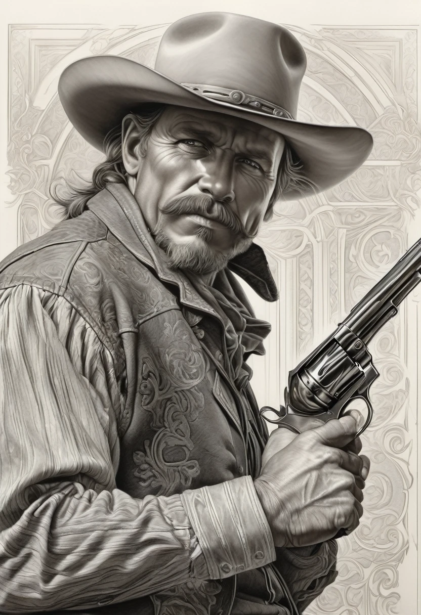 portrait of a cowboy], intricate lines, highly detailed, B&EM, monochrome, black and white, graphite, pencil painting, charcoal, (high contrast: 1.1), an Old West gunslinger with a determined appearance and a gun on his back . The image is inspired by stories from the old west, as if he were about to face a deadly duel. Colors should be vibrant and contrasting, like those of Alphonse Mucha. The details must be delicate and complex, like Mucha's. The lines should be thick and almost erased, like street art prints. The lines that delimit the shapes should favor thicker, straighter angles.