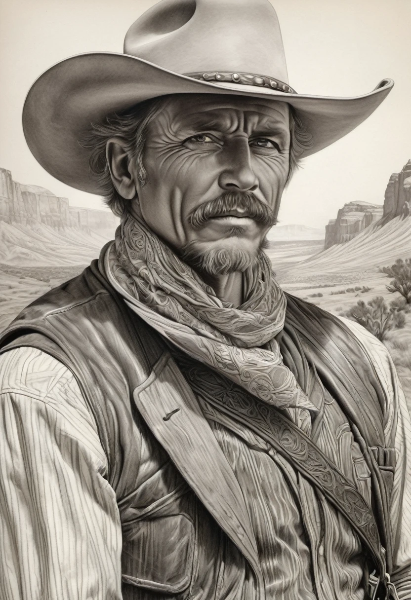 portrait of a cowboy], intricate lines, highly detailed, B&EM, monochrome, black and white, graphite, pencil painting, charcoal, (high contrast: 1.1), an Old West gunslinger with a determined appearance and a gun on his back . The image is inspired by stories from the old west, as if he were about to face a deadly duel. Colors should be vibrant and contrasting, like those of Alphonse Mucha. The details must be delicate and complex, like Mucha's. The lines should be thick and almost erased, like street art prints. The lines that delimit the shapes should favor thicker, straighter angles.