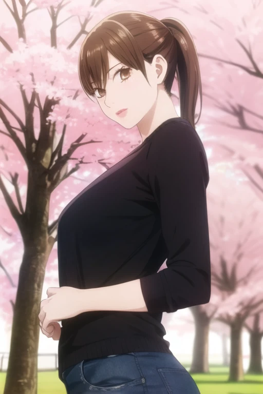 masterpiece, best quality, ultra-detailed, 1girl, solo, looking front at viewer, chihaya_ayase, brown hair, brown eyes, ponytail , upper body, in park cherry blossom trees,trendy clothes, glossy lipstick