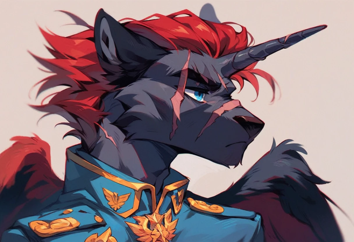 Male alicorn, black fur, long red hair, deep blue eyes, red feathers on wings, scar over left eye, red striping, navy admirals uniform, standing proudly, close-up portrait