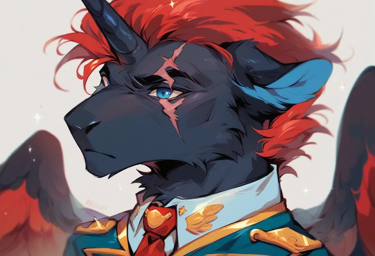 Male alicorn, black fur, long red hair, deep blue eyes, red feathers on wings, scar over left eye, red striping, navy admirals uniform, standing proudly, close-up portrait