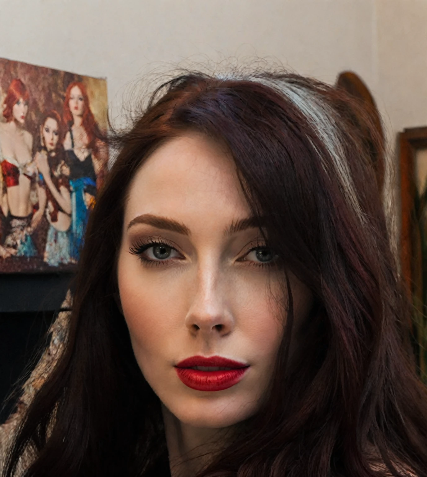 arafed woman with long dark hair and red hair, with pale skin, profile image, looking to the side off camera, high quality portrait, pale skin and dark eyes, color portrait, looking to the side, portrait image, sultry look, anastasia ovchinnikova, inspired by Jessie Alexandra Dick, headshot profile picture, tiffany dover