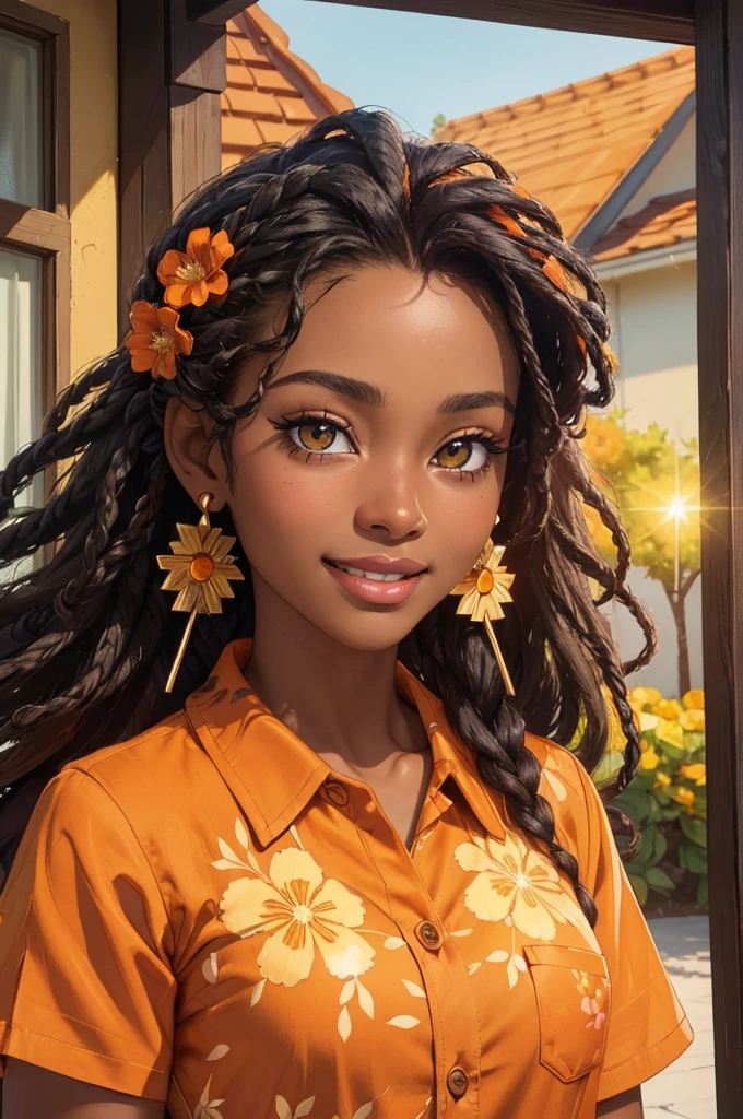 (((Masterpiece, Best Quality, High Resolution)))), Extremely detailed 8K, (Ultra HD, Ultra-detailed, Highly detailed, Highly realistic, Ultra-realistic, photograph realistic), (HD Quality), sharp focus, (Close up shot), African-American, 16 year old girl, Beautiful face, Full lips, Black girl makeup, (Long afro hair), (Amber eyes, sharp eyes), Dark skin tone, (((Gold earrings, summer orange floral shirt with short flare sleeves))), (looks directly at the camera, happy expression, pretty smile), Beautiful bungalow house, neighborhood setting, (Focusing on the face, glowing skin texture, beautiful detailed eyes, sun shining)