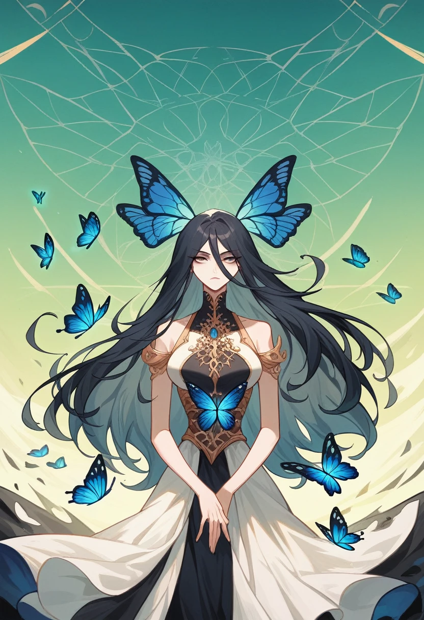 A woman, Black long hair, Wearing Hanfu,The hair is neat, On the war zone. Thousands, , Butterfly, Siege equipment, background, antique, Delicate and beautiful skin, Exquisite facial features, Cool colors, 复杂的background, 美丽的background, 4K, Very detailed, masterpiece.