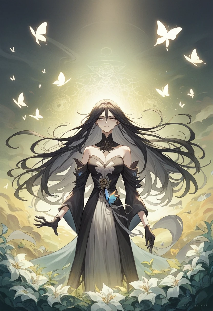 A woman, Black long hair, Wearing Hanfu,The hair is neat, On the war zone. Thousands, , Butterfly, Siege equipment, background, antique, Delicate and beautiful skin, Exquisite facial features, Cool colors, 复杂的background, 美丽的background, 4K, Very detailed, masterpiece.