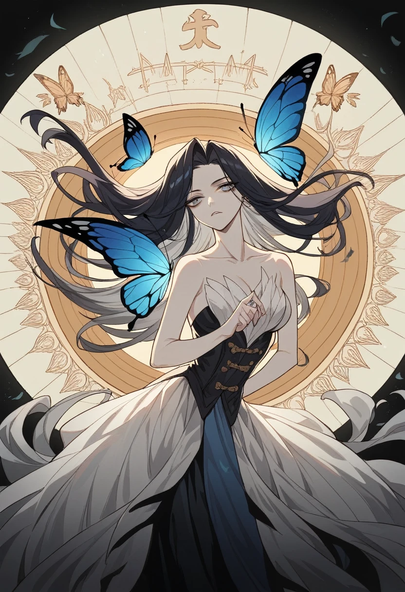 A woman, Black long hair, Wearing Hanfu,The hair is neat, On the war zone. Thousands, , Butterfly, Siege equipment, background, antique, Delicate and beautiful skin, Exquisite facial features, Cool colors, 复杂的background, 美丽的background, 4K, Very detailed, masterpiece.