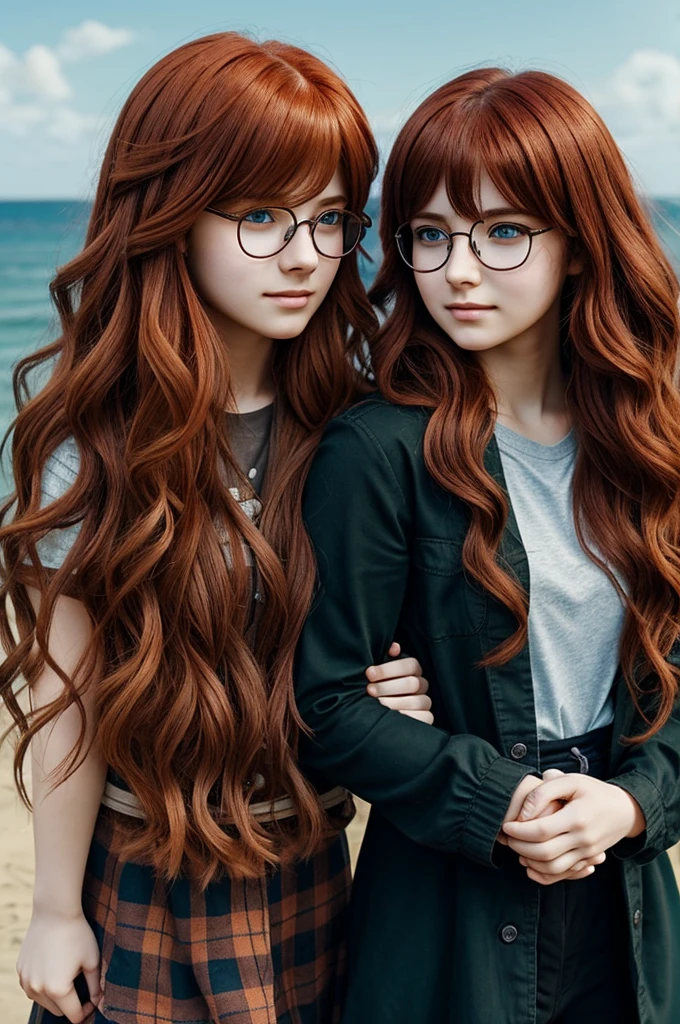 Saeran from the video game mystic messenger holding hands with girl with long wavy hair, copper color, almost black eyes, freckles and round glasses
