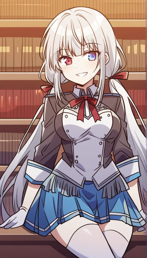 1girl, solo, long hair, breasts, looking at viewer, smile, red eyes, blue eyes, long hair, medium breasts, looking at viewer, smile, skirt, shirt, thighhighs, gloves, long sleeves, ribbon, twintails, sitting, on the table, very long hair, , black jacket, white shirt, white hair, pleated skirt, shoes, white gloves, grin, white thighhighs, red ribbon, blue skirt, neck ribbon, low twintails, heterochromia, brown footwear, crossed legs, loafers, in library