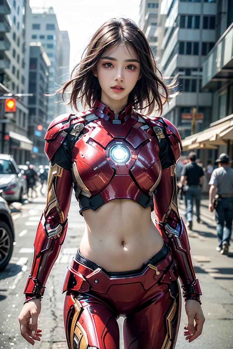 A girl wearing Iron Man armor,Exposing sexy belly,((cowboy shot)),Looking at the camera,Detailed facial features, beautiful eyes, Lips, and long eyelashes, Reality, 8K, Very detailed, Studio Lighting, Dramatic Lighting, Vibrant colors, work, City Streets,The abdomen is open,Showing belly,Sexy abdominal muscles