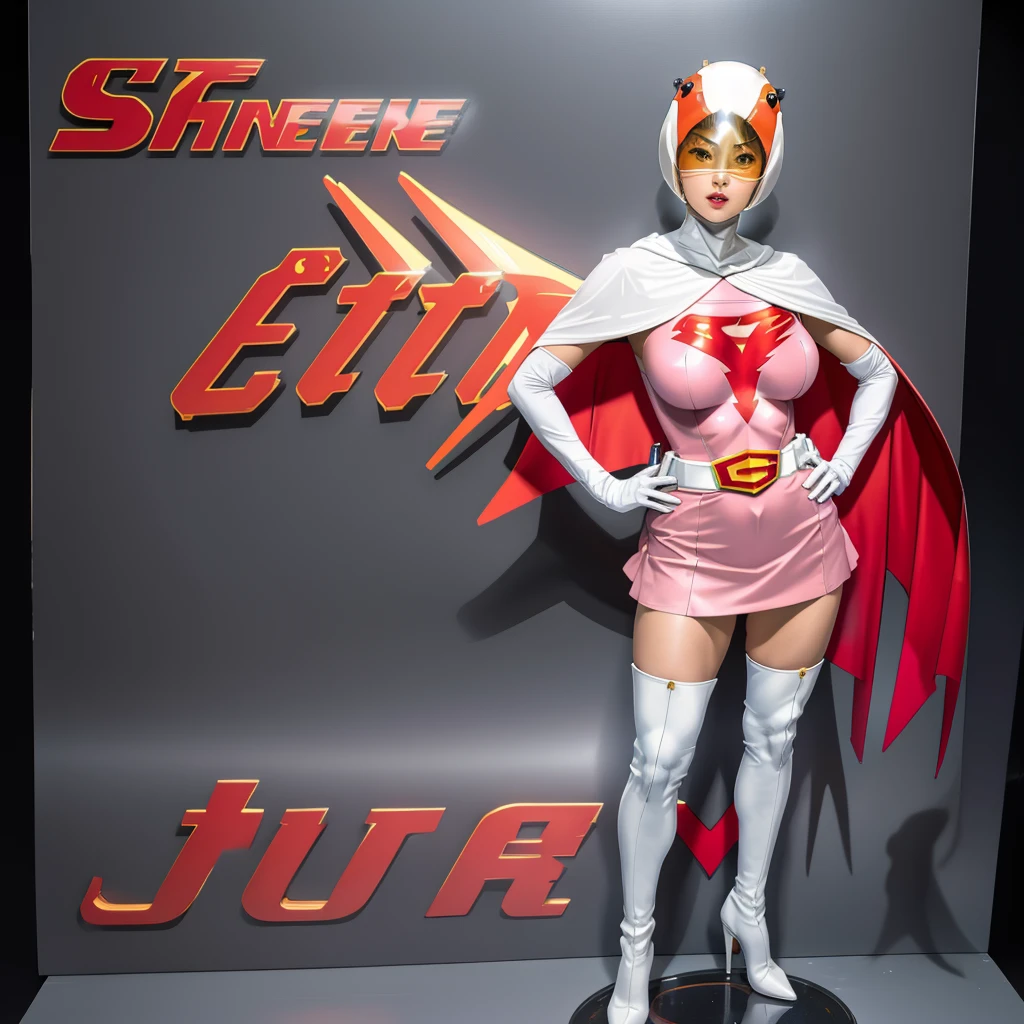 ANI_CLASSIC_jun_gatchaman_ownwaifu,1girl, 15yo,good anatomy, masterpiece, best quality,realistic, hyper realistic, 16k hdr, long hair,breasts,lips,large breasts,lipstick,makeup,gloves,cape,helmet,belt,elbow gloves,white gloves,mask,ultra miniskirt,leotard,spacesuit,white tight overknee highheels boots,pink dress,superhero,bodysuit,cleavage,erected nipples,(stand pose,hands on hip),(spread legs:1.1),cameltoe