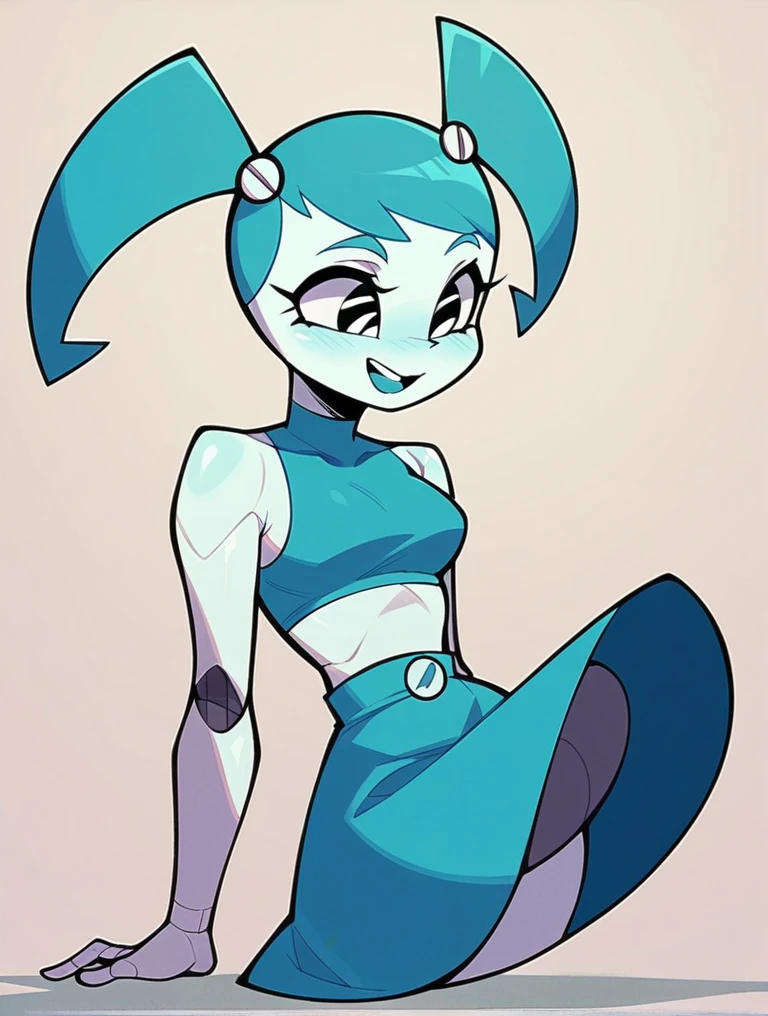 A teenage girl, an XJ-9 robot, wearing a light blue dress 
